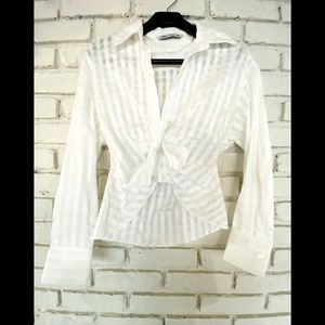 Zara White linen Rouche front Botton Down Shirt